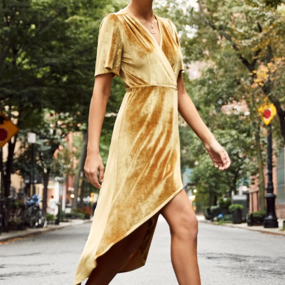 Lulu's Amour Golden Velvet High-Low Wrap Dress
